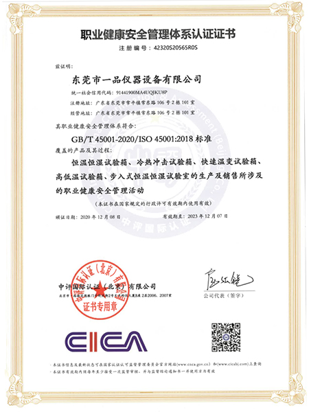 职业健康安全管理体系中文证书